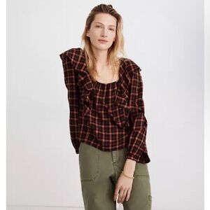 Madewell Plaid Ruffled Sqaureneck Gingham Red‎ and Black Top Size L Cotton